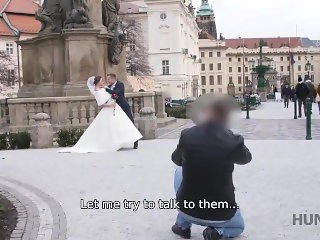 'HUNT4K. Beauty in bride dress sucks strangers cock and gets fucked'